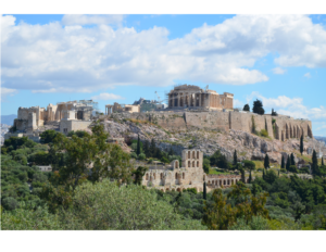 View of the Parthenon which sits on the Acropolis, the tallest hill in the city of Athens, (Acro + polis)